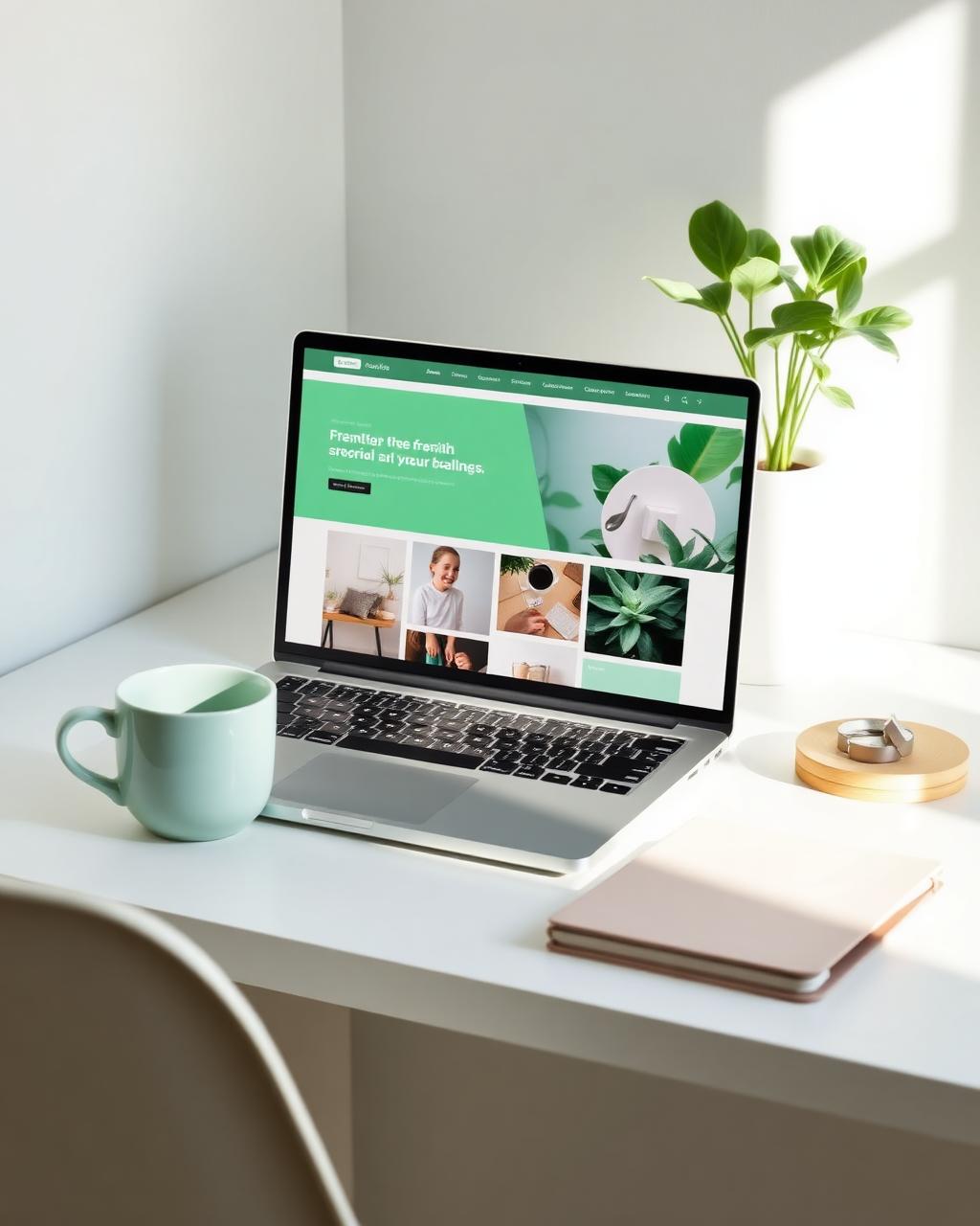 Een opgeruimd bureau met laptop, mintgroene mok en notitieboek